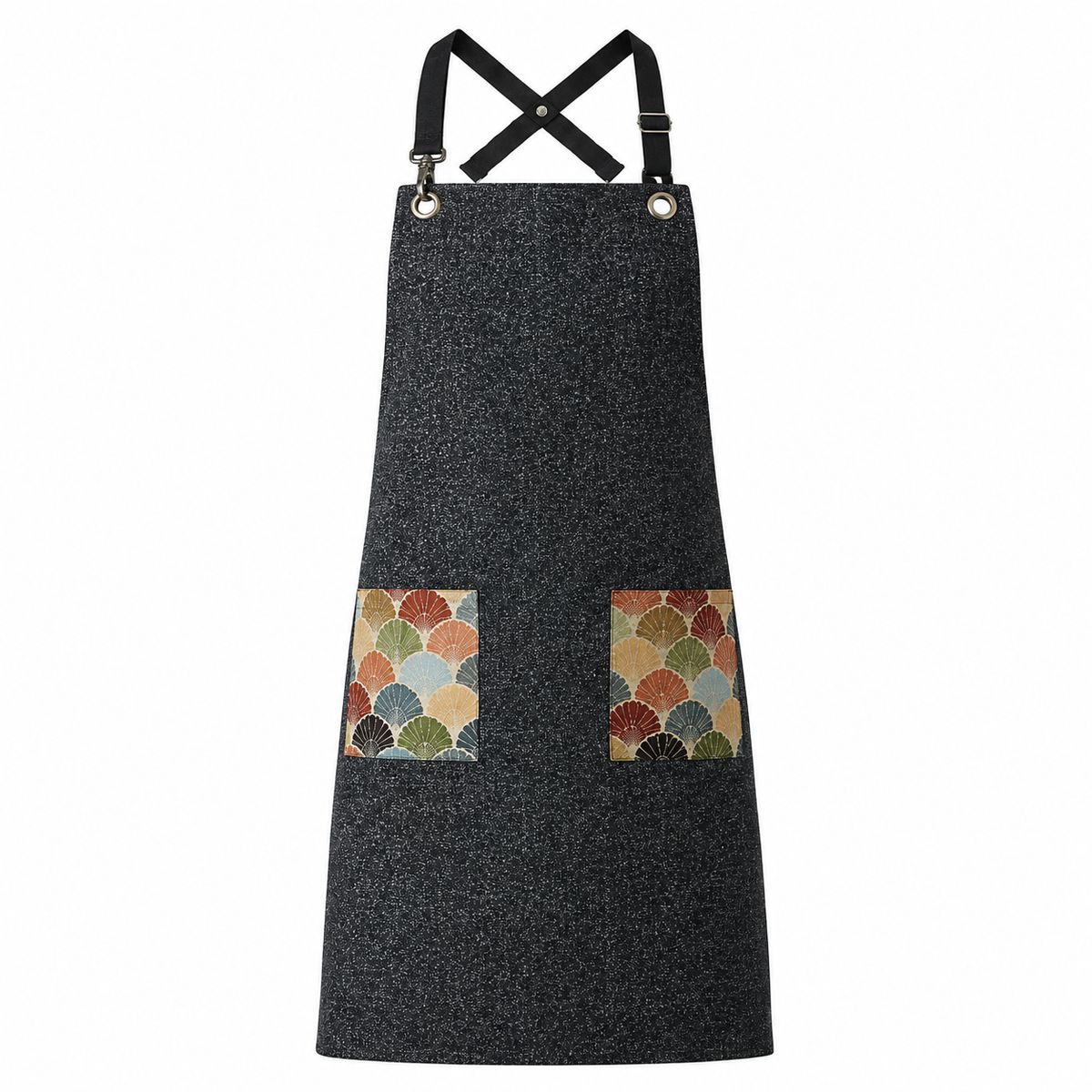 Black denim work apron with woven pockets by PODIA